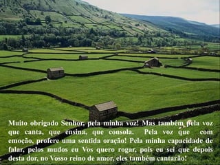 Muito obrigado Senhor, pela minha voz! Mas também pela voz
que canta, que ensina, que consola. Pela voz que com
emoção, profere uma sentida oração! Pela minha capacidade de
falar, pelos mudos eu Vos quero rogar, pois eu sei que depois
desta dor, no Vosso reino de amor, eles também cantarão!
 