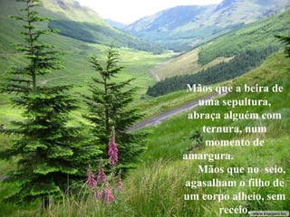 Mãos que a beira de uma sepultura, abraça alguém com ternura, num momento de amargura.  Mãos que no  seio, agasalham o filho de um corpo alheio, sem receio. 