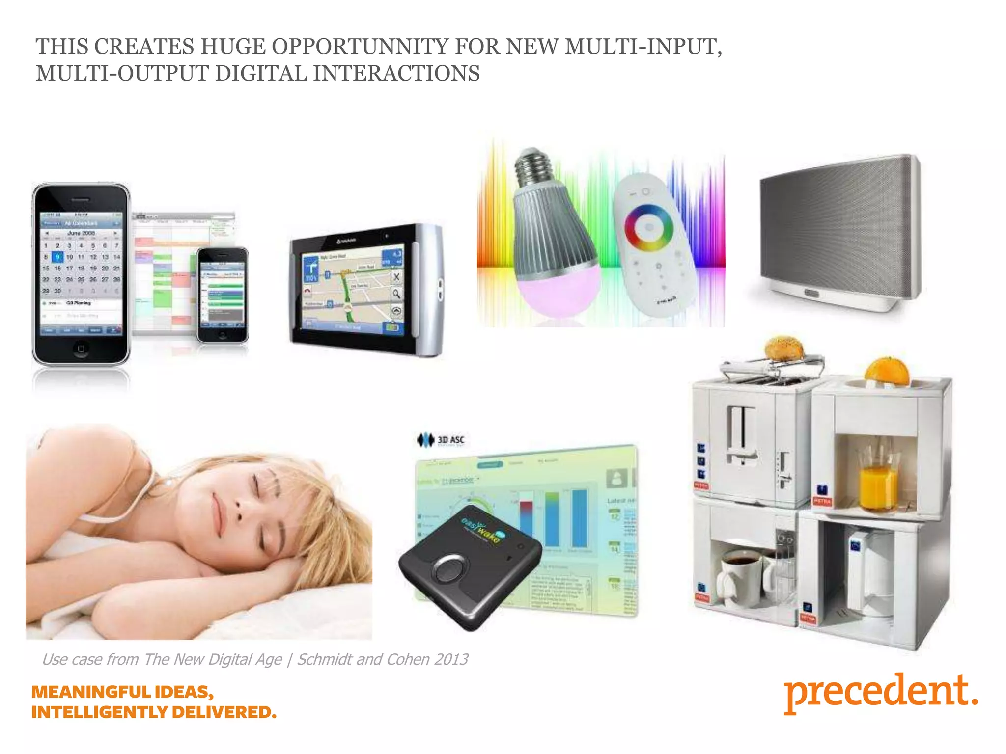 THIS CREATES HUGE OPPORTUNNITY FOR NEW MULTI-INPUT,
MULTI-OUTPUT DIGITAL INTERACTIONS
Use case from The New Digital Age | Schmidt and Cohen 2013
 