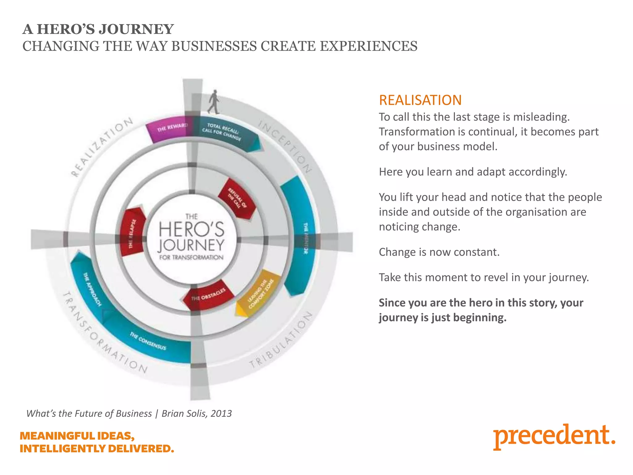 A HERO’S JOURNEY
CHANGING THE WAY BUSINESSES CREATE EXPERIENCES
REALISATION
To call this the last stage is misleading.
Transformation is continual, it becomes part
of your business model.
Here you learn and adapt accordingly.
You lift your head and notice that the people
inside and outside of the organisation are
noticing change.
Change is now constant.
Take this moment to revel in your journey.
Since you are the hero in this story, your
journey is just beginning.
What’s the Future of Business | Brian Solis, 2013
 