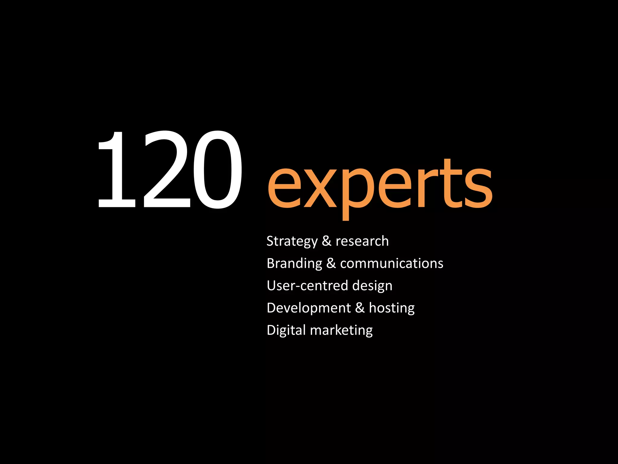 120 experts
Strategy & research
Branding & communications
User-centred design
Development & hosting
Digital marketing
 
