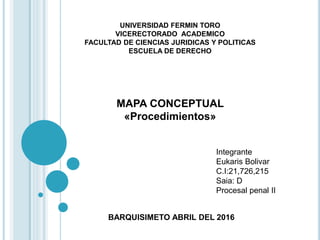 UNIVERSIDAD FERMIN TORO
VICERECTORADO ACADEMICO
FACULTAD DE CIENCIAS JURIDICAS Y POLITICAS
ESCUELA DE DERECHO
MAPA CONCEPTUAL
«Procedimientos»
Integrante
Eukaris Bolivar
C.I:21,726,215
Saia: D
Procesal penal II
BARQUISIMETO ABRIL DEL 2016
 