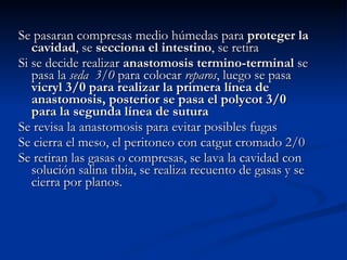 Se pasaran compresas medio húmedas para  proteger la cavidad , se  secciona el intestino , se retira Si se decide realizar  anastomosis termino-terminal  se pasa la  seda  3/0  para colocar  reparos , luego se pasa  vicryl 3/0 para realizar la primera línea de anastomosis, posterior se pasa el polycot 3/0 para la segunda línea de sutura Se revisa la anastomosis para evitar posibles fugas Se cierra el meso, el peritoneo con catgut cromado 2/0  Se retiran las gasas o compresas, se lava la cavidad con solución salina tibia, se realiza recuento de gasas y se cierra por planos. 