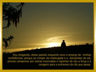 Vou chegando, desse passito enquanto cevo o amargo de  minhas confidências, porque ao romper da madrugada e o  descambar do sol, preciso camperear por outras invernadas e repontar do céu a força e a coragem para o entrevero do dia que passa. 