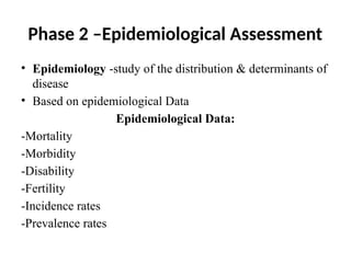 Phase 2 –Epidemiological Assessment
• Epidemiology -study of the distribution & determinants of
disease
• Based on epidemiological Data
Epidemiological Data:
-Mortality
-Morbidity
-Disability
-Fertility
-Incidence rates
-Prevalence rates
 