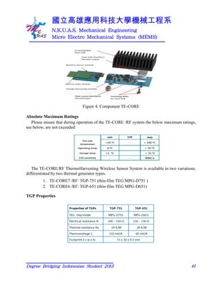 國立高雄應用科技大學機械工程系
N.K.U.A.S. Mechanical Engineering
Micro Electro Mechanical Systems (MEMS)
Degree Bridging Indonesian Student 2013 41
Figure 4. Component TE-CORE
Absolute Maximum Ratings
Please ensure that during operation of the TE-CORE /RF system the below maximum ratings,
see below, are not exceeded:
The TE-CORE/RF ThermoHarvesting Wireless Sensor System is available in two variations,
differentiated by two thermal generator types:
1. TE-CORE7 /RF: TGP-751 (thin-film TEG MPG-D751 )
2. TE-CORE6 /RF: TGP-651 (thin-film TEG MPG-D651)
TGP Properties
 