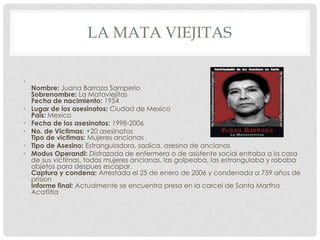 LA MATA VIEJITAS

•
    Nombre: Juana Barraza Samperio
    Sobrenombre: La Mataviejitas
    Fecha de nacimiento: 1954
•   Lugar de los asesinatos: Ciudad de Mexico
    Pais: Mexico
•   Fecha de los asesinatos: 1998-2006
•   No. de Victimas: +20 asesinatos
    Tipo de victimas: Mujeres ancianas
•   Tipo de Asesino: Estranguladora, sadica, asesina de ancianos
•   Modus Operandi: Disfrazada de enfermera o de asistente social entraba a la casa
    de sus victimas, todas mujeres ancianas, las golpeaba, las estrangulaba y robaba
    objetos para despues escapar.
    Captura y condena: Arrestada el 25 de enero de 2006 y condenada a 759 años de
    prision
    Informe final: Actualmente se encuentra presa en la carcel de Santa Martha
    Acatiltla
 