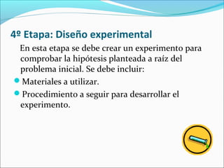 4º Etapa: Diseño experimental
En esta etapa se debe crear un experimento para
comprobar la hipótesis planteada a raíz del
problema inicial. Se debe incluir:
Materiales a utilizar.
Procedimiento a seguir para desarrollar el
experimento.
 