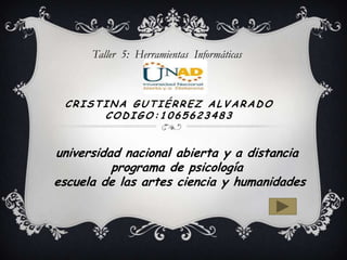 Taller 5: Herramientas Informáticas

CRISTINA GUTIÉRREZ ALVARADO
CODIGO:1065623483

universidad nacional abierta y a distancia
programa de psicología
escuela de las artes ciencia y humanidades

 