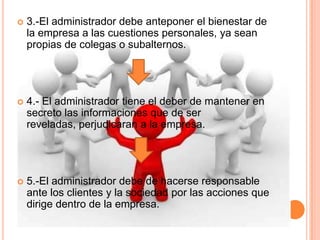  3.-El administrador debe anteponer el bienestar de
la empresa a las cuestiones personales, ya sean
propias de colegas o subalternos.
 4.- El administrador tiene el deber de mantener en
secreto las informaciones que de ser
reveladas, perjudicaran a la empresa.
 5.-El administrador debe de hacerse responsable
ante los clientes y la sociedad por las acciones que
dirige dentro de la empresa.
 