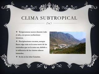 CLIMA SUBTROPICAL

 Temperaturas suaves durante todo
el año, con pocas oscilaciones
térmicas.
 Precipitaciones escasas, aunque
llueve algo más en la zona norte de las
montañas que en la zona sur, debido a
la influencia de los vientos aliseos
húmedos.
 Se da en las islas Canarias.
 