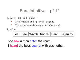 Bare infinitive  –  p111 2.  After  “ let ”  and  “ make ” Mother Teresa let the poor die in dignity. The teacher made him stay behind after school. 3.  After  She  saw  a man  enter  the room. I  heard  the boys  quarrel  with each other. Feel See Watch Notice Hear Listen to 