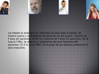 Las edades se analizaron en intervalos de años edad cumplida, de
manera exacta y se dividieron los pacientes en dos grupos: mayores de
9 años (67 pacientes; 55,83 %) y menores de 9 años (53 pacientes; 44,16
%)(p=0,1784). Se observó un predominio del sexo femenino (69
pacientes; 57,5 %) (p=0,1594). En el grupo de pre púberes predominó el
sexo masculino.
 