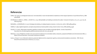 Referencias
CHAN, K. M. (2005). La estrategia del océano azul. Como desarrollar un nuevo mercado donde la competencia no tiene ninguna importancia. Grupo Editorial Norma , ISBN
9580488398.
DE ARAÚJO, B.; CASIEZ, G.; JORGE, J.; HACHET, M.,. (2013). Mockup Builder: 3D modeling on and above the surface. Computers & Graphics, vol. 37, no. 3, pp. 165-178,
ISSN 0097-8493.
MUNUERA, J., & RODRÍGUEZ, A. (2007). Estrategias de marketing. Un enfoque basado en el proceso . de dirección, 2da Ed., ISBN 9788473568197.
OSBON, A. (1983). Applied imagination: principles and procedures of creative problem-solving. Charles Scribner’s Sons, ISBN 9780684413938.
SOUZA, F. R. (2006). «Observação incorporada, experiência e empatia na apo com ênfase na educação infantil». consulta: Disponible en:
http://www.fau.ufrj.br/prolugar/arq_pdf/diversos/nutau2006_obs_incor_exp_apo.pdf.
Meléndez, C. (2013). Plataformas virtuales como recurso para la enseñanza en la universidad: análisis, evaluación, y propuesta de Moodle como herramienta de la Web 2.0.
Madrid: Doctoral disertatión. Universidad Complutense de Madrid.
Suarez, J; Anaya, D. (2012). Educación a distancia y presencial: diferencia de los componentes cognitivo y motivacional de estudiantes universitarios. . RIED. Revista
Iberoamericana de Educación a Distancia, 7(1-2), 65-75.
 