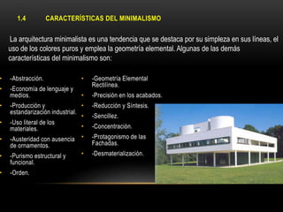 1.4

CARACTERÍSTICAS DEL MINIMALISMO

La arquitectura minimalista es una tendencia que se destaca por su simpleza en sus líneas, el
uso de los colores puros y emplea la geometría elemental. Algunas de las demás
características del minimalismo son:

•

-Abstracción.

•

•

-Economía de lenguaje y
medios.

-Geometría Elemental
Rectilínea.

•

-Precisión en los acabados.

•

-Producción y
•
estandarización industrial.
•
-Uso literal de los
•
materiales.
-Austeridad con ausencia •
de ornamentos.
•
-Purismo estructural y
funcional.

•

•

•

•

-Orden.

-Reducción y Síntesis.
-Sencillez.
-Concentración.
-Protagonismo de las
Fachadas.
-Desmaterialización.

 