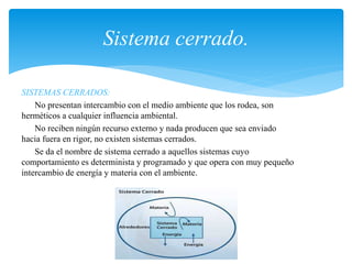 SISTEMAS CERRADOS:
No presentan intercambio con el medio ambiente que los rodea, son
herméticos a cualquier influencia ambiental.
No reciben ningún recurso externo y nada producen que sea enviado
hacia fuera en rigor, no existen sistemas cerrados.
Se da el nombre de sistema cerrado a aquellos sistemas cuyo
comportamiento es determinista y programado y que opera con muy pequeño
intercambio de energía y materia con el ambiente.
Sistema cerrado.
 