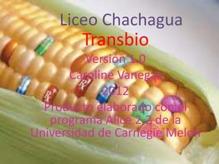 Liceo Chachagua
        Transbio
          Versión 1.0
       Caroline Vanegas
             2012
  Producto elaborado con el
   programa Alice 2.2 de la
Universidad de Carnegie Melon
 