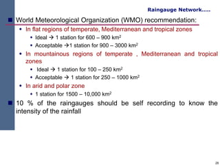 28
Raingauge Network…..
 World Meteorological Organization (WMO) recommendation:
 In flat regions of temperate, Mediterr...