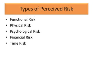 Types of Perceived Risk
• Functional Risk
• Physical Risk
• Psychological Risk
• Financial Risk
• Time Risk
 