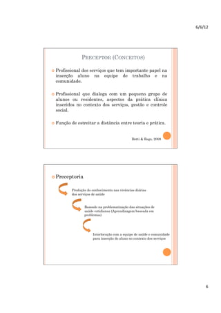 6/6/12	
  




                  PRECEPTOR (CONCEITOS)

  Profissional
             dos serviços que tem importante papel na
  inserção aluno na equipe de trabalho e na
  comunidade.

  Profissional
              que dialoga com um pequeno grupo de
  alunos ou residentes, aspectos da prática clínica
  inseridos no contexto dos serviços, gestão e controle
  social.

  Função   de estreitar a distância entre teoria e prática.


                                                 Botti & Rego, 2008




  Preceptoria


            Produção do conhecimento nas vivências diárias
            dos serviços de saúde


                   Baseado na problematização das situações de
                   saúde cotidianas (Aprendizagem baseada em
                   problemas)




                         Interlocução com a equipe de saúde e comunidade
                         para inserção do aluno no contexto dos serviços




                                                                                  6	
  
 
