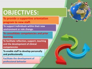 OBJECTIVES:
To provide a supportive orientation
program to new staff.
To support individuals within their new
environment or role change.
To consolidate competencies and prior
learning
To facilitate reflection, support, teaching
and the development of clinical
competencies
To enable staff to develop personally
and professionally
Facilitate the development of
professional behavior
 