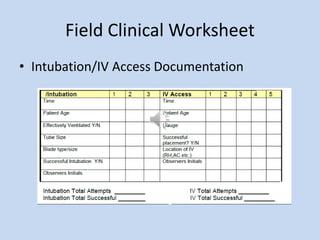 Field Clinical Worksheet
• Intubation/IV Access Documentation
 