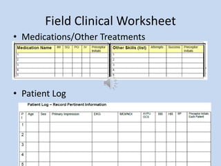 Field Clinical Worksheet
• Medications/Other Treatments
• Patient Log
 