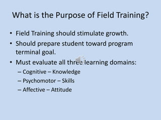 What is the Purpose of Field Training?
• Field Training should stimulate growth.
• Should prepare student toward program
terminal goal.
• Must evaluate all three learning domains:
– Cognitive – Knowledge
– Psychomotor – Skills
– Affective – Attitude
 