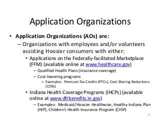 24
Application Organizations
• Application Organizations (AOs) are:
– Organizations with employees and/or volunteers
assisting Hoosier consumers with either:
• Applications on the Federally-facilitated Marketplace
(FFM) (available online at www.healthcare.gov)
– Qualified Health Plans (insurance coverage)
– Cost-lowering programs
» Examples: Premium Tax Credits (PTCs), Cost-Sharing Reductions
(CSRs)
• Indiana Health Coverage Programs (IHCPs) (available
online at www.dfrbenefits.in.gov)
– Examples: Medicaid/Hoosier Healthwise, Healthy Indiana Plan
(HIP), Children’s Health Insurance Program (CHIP)
 