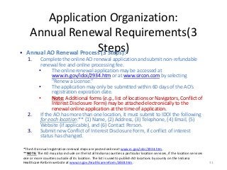 Application Organization:
Annual Renewal Requirements(3
Steps)
31
• Annual AO Renewal Process (3 Steps):*
1. Complete the online AO renewal application and submit non-refundable
renewal fee and online processing fee.
• The online renewal application may be accessed at
www.in.gov/idoi/2934.htm or at www.sircon.com by selecting
“Renew a License.”
• The application may only be submitted within 60 days of the AO’s
registration expiration date.
• Note: Additional forms (e.g., list of locations or Navigators, Conflict of
Interest Disclosure Form) may be attached electronically to the
renewal online application at the time of application.
2. If the AO has more than one location, it must submit to IDOI the following
for each location:** (1) Name, (2) Address, (3) Telephone, (4) Email, (5)
Website (if applicable), and (6) Contact Person.
3. Submit new Conflict of Interest Disclosure Form, if conflict of interest
status has changed.
*The AO annual registration renewal steps are posted online at www.in.gov/idoi/2934.htm.
**NOTE: The AO may also include on the list all Indiana counties a particular location services, if the location services
one or more counties outside of its location. The list is used to publish AO locations by county on the Indiana
Healthcare Reform website at www.in.gov/healthcarereform/2468.htm.
 