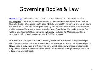 Governing Bodies & Law
• Healthcare.gov (also referred to as the Federal Marketplace of Federally-facilitated
Marketplace) is a health insurance marketplace website owned and operated by CMS to
facilitate the sale of qualified health plans (QHPs) and eligibility determinations for premium
tax credits (PTCs) and cost-sharing reductions (CSRs) for consumers in Federal Marketplace
and Partnership Marketplace states, as well as some State-based Marketplace states. The
website also fragments those consumers who may be eligible for Medicaid, and has a
separate portal for small businesses (the SHOP Marketplace).
• When the ACA was signed into law, it not only introduced many of the changes coming to
Medicaid and private insurance marketplaces, but also introduced the concept of navigators.
Navigators are individuals or entities who serve as unbiased, knowledgeable resources to
help reduce consumer confusion about options for healthcare coverage through outreach,
education, and enrollment.
8
 