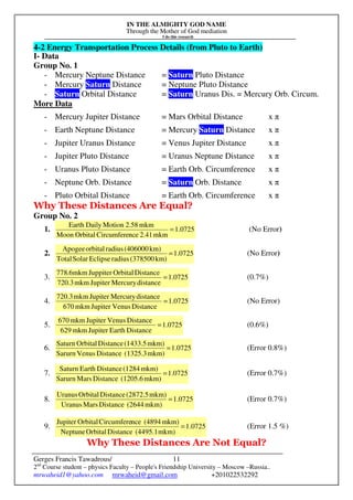 IN THE ALMIGHTY GOD NAME
Through the Mother of God mediation
I do this research
Gerges Francis Tawadrous/
2nd
Course student – physics Faculty – People's Friendship University – Moscow –Russia..
mrwaheid1@yahoo.com mrwaheid@gmail.com +201022532292
11
4-2 Energy Transportation Process Details (from Pluto to Earth)
I- Data
Group No. 1
- Mercury Neptune Distance = Saturn Pluto Distance
- Mercury Saturn Distance = Neptune Pluto Distance
- Saturn Orbital Distance = Saturn Uranus Dis. = Mercury Orb. Circum.
More Data
- Mercury Jupiter Distance = Mars Orbital Distance x π
- Earth Neptune Distance = Mercury Saturn Distance x π
- Jupiter Uranus Distance = Venus Jupiter Distance x π
- Jupiter Pluto Distance = Uranus Neptune Distance x π
- Uranus Pluto Distance = Earth Orb. Circumference x π
- Neptune Orb. Distance = Saturn Orb. Distance x π
- Pluto Orbital Distance = Earth Orb. Circumference x π
Why These Distances Are Equal?
Group No. 2
1. 0725.1
mkm2.41nceCircumfereOrbitalMoon
mkm2.58MotionDailyEarth
= (No Error)
2. 1.0725
km)(378500radiusEclipseSolarTotal
km)(406000radiusorbitalApogee
= (No Error)
3. 0725.1
distanceMercuryJupitermkm720.3
DistanceOrbitalJuppitermkm6.778
= (0.7%)
4. 1.0725
DistanceVenusJupitermkm670
distanceMercuryJupitermkm720.3
= (No Error)
5. 1.0725
DistanceEarthJupitermkm629
DistanceVenusJupitermkm670
= (0.6%)
6. 1.0725
mkm)(1325.3DistanceVenusSarurn
mkm)(1433.5DistanceOrbitalSaturn
= (Error 0.8%)
7. 1.0725
mkm)(1205.6DistanceMarsSarurn
mkm)(1284DistanceEarthSaturn
= (Error 0.7%)
8. 1.0725
mkm)(2644DistanceMarsUranus
mkm)(2872.5DistanceOrbitalUranus
= (Error 0.7%)
9. 1.0725
mkm)(4495.1DistanceOrbitalNeptune
mkm)(4894nceCircumfereOrbitalJupiter
= (Error 1.5 %)
Why These Distances Are Not Equal?
 