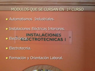 MÓDULOS QUE SE CURSAN EN 1º CURSO

   Automatismos Industriales.

   Instalaciones Eléctricas Interiores.

   Electrónica.

   Electrotecnia.

   Formación y Orientación Laboral.
 