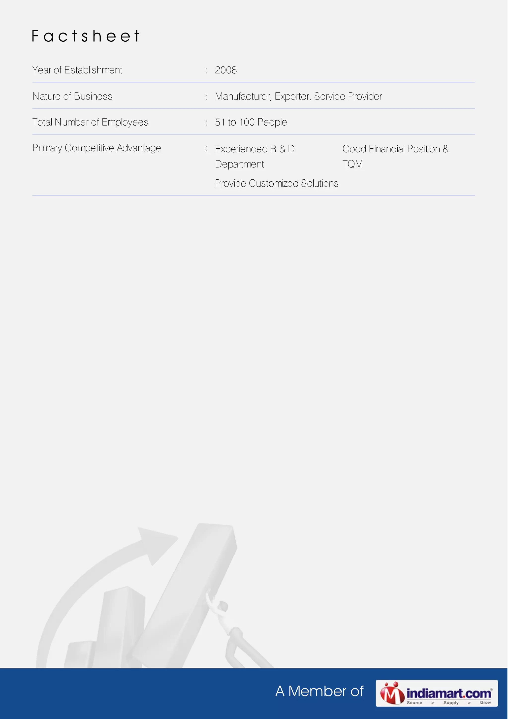 A Member of
F a c t s h e e t
Year of Establishment : 2008
Nature of Business : Manufacturer, Exporter, Service Provider
Total Number of Employees : 51 to 100 People
Primary Competitive Advantage : Experienced R & D
Department
Good Financial Position &
TQM
Provide Customized Solutions
 