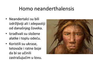 Homo neanderthalensis
• Neandertalci su bili
izdržljiviji ali i zdepastiji
od današnjeg čoveka.
• Izrađivali su složene
alatke i toplu odedu.
• Koristili su ukrase,
tetovaže i ratne boje
da bi se učinili
zastrašujudim u lovu.

 