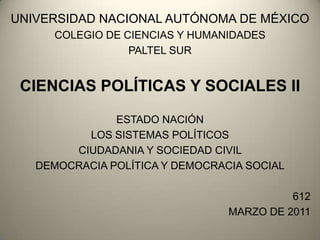 UNIVERSIDAD NACIONAL AUTÓNOMA DE MÉXICO COLEGIO DE CIENCIAS Y HUMANIDADES  PALTEL SUR CIENCIAS POLÍTICAS Y SOCIALES II ESTADO NACIÓN LOS SISTEMAS POLÍTICOS CIUDADANIA Y SOCIEDAD CIVIL  DEMOCRACIA POLÍTICA Y DEMOCRACIA SOCIAL 612 MARZO DE 2011 