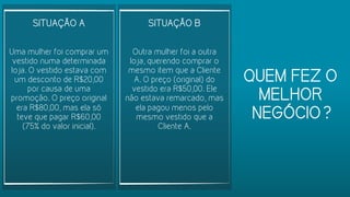 SITUAÇÃO A
Uma mulher foi comprar um
vestido numa determinada
loja. O vestido estava com
um desconto de R$20,00
por causa de uma
promoção. O preço original
era R$80,00, mas ela só
teve que pagar R$60,00
(75% do valor inicial).
SITUAÇÃO B
Outra mulher foi a outra
loja, querendo comprar o
mesmo item que a Cliente
A. O preço (original) do
vestido era R$50,00. Ele
não estava remarcado, mas
ela pagou menos pelo
mesmo vestido que a
Cliente A.
QUEM FEZ O
MELHOR
NEGÓCIO?
 