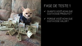 FASE DE TESTE 1
ü  QUANTO VOCÊ ACHA QUE
CUSTA ESSE PRODUTO?
ü  PORQUE VOCÊ ACHA QUE
CUSTA ESSE VALOR?
 