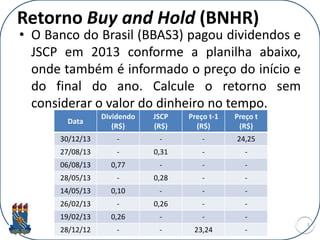 Retorno Buy and Hold (BNHR)
• O Banco do Brasil (BBAS3) pagou dividendos e
JSCP em 2013 conforme a planilha abaixo,
onde também é informado o preço do início e
do final do ano. Calcule o retorno sem
considerar o valor do dinheiro no tempo.
3
Data
Dividendo
(R$)
JSCP
(R$)
Preço t-1
(R$)
Preço t
(R$)
30/12/13 - - - 24,25
27/08/13 - 0,31 - -
06/08/13 0,77 - - -
28/05/13 - 0,28 - -
14/05/13 0,10 - - -
26/02/13 - 0,26 - -
19/02/13 0,26 - - -
28/12/12 - - 23,24 -
 