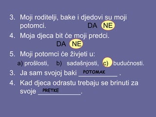 3. Moji roditelji, bake i djedovi su moji
potomci.
DA NE
4. Moja djeca bit će moji predci.
DA NE
5. Moji potomci će živjeti u:
a) prošlosti,

b) sadašnjosti, c) budućnosti.

POTOMAK
3. Ja sam svojoj baki __________ .
4. Kad djeca odrastu trebaju se brinuti za
PRETKE
svoje ___________.

 