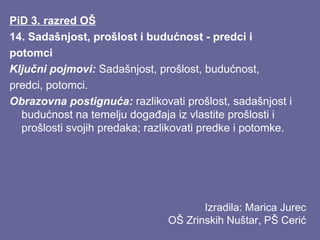 PiD 3. razred OŠ
14. Sadašnjost, prošlost i budućnost - predci i
potomci
Ključni pojmovi: Sadašnjost, prošlost, budućnost,
predci, potomci.
Obrazovna postignuća: razlikovati prošlost, sadašnjost i
budućnost na temelju događaja iz vlastite prošlosti i
prošlosti svojih predaka; razlikovati predke i potomke.

Izradila: Marica Jurec
OŠ Zrinskih Nuštar, PŠ Cerić

 