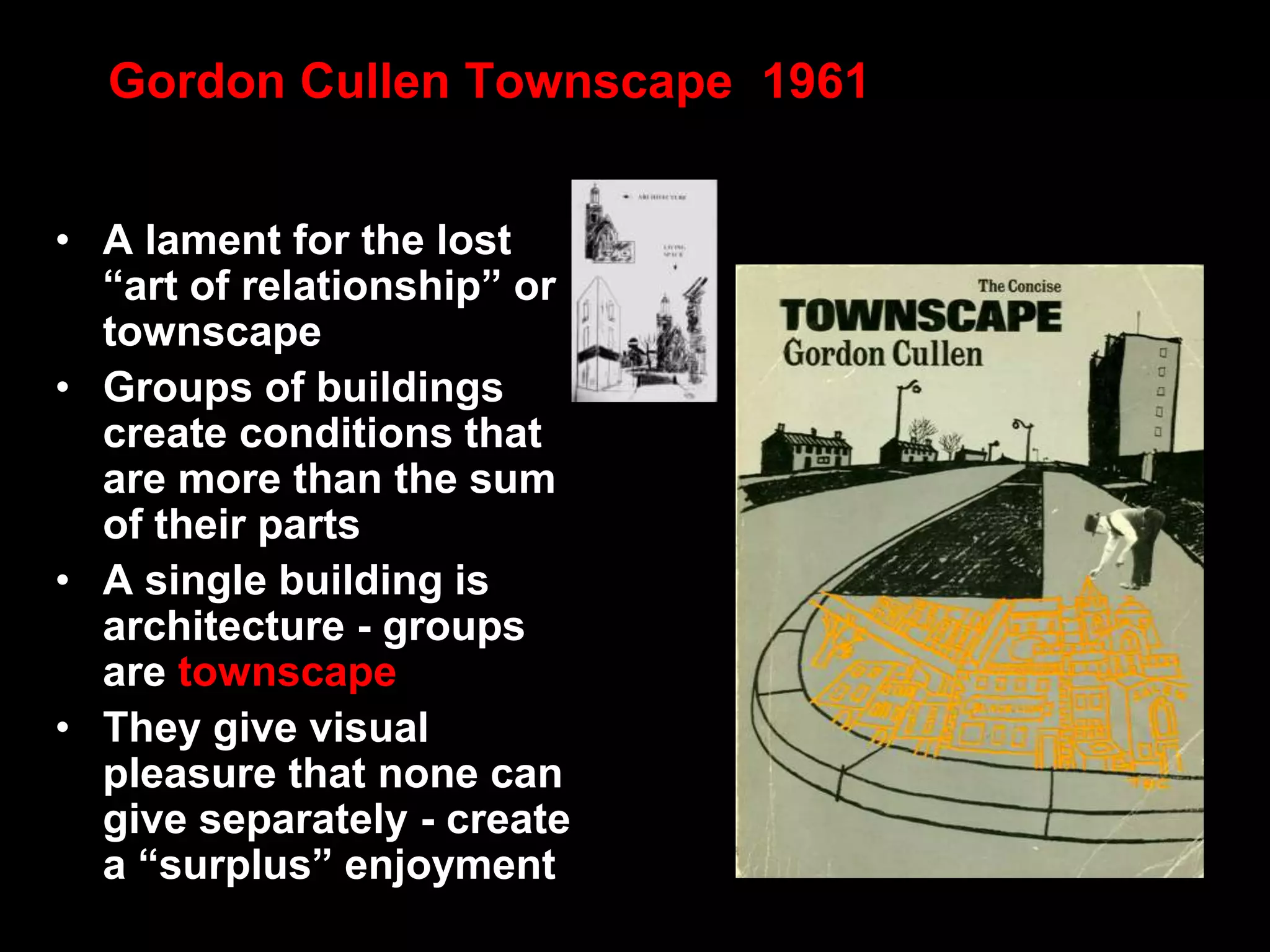 Le Corbusier - Solutions (cont)Increase density and open spaceFew roads - tunneled heavy traffic - elevated fast traffic, standard traffic on a 400m gridMany pathways for people in a picturesque parklandLand-use zoning - business - public - residential - recreation - industry - green beltsSelf-contained buildings with local recreation facilities, shops and services (super-block)Vertical Garden City