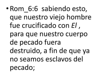 •Rom_6:6 sabiendo esto,
que nuestro viejo hombre
fue crucificado con El ,
para que nuestro cuerpo
de pecado fuera
destruido, a fin de que ya
no seamos esclavos del
pecado;
 