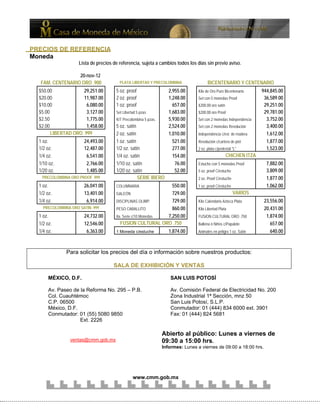 www.cmm.gob.mx
PRECIOS DE REFERENCIA
Moneda
Lista de precios de referencia, sujeta a cambios todos los días sin previo aviso.
20-nov-12
FAM. CENTENARIO ORO .900 PLATA LIBERTAD Y PRECOLOMBINA BICENTENARIO Y CENTENARIO
$50.00 29,251.00 5 oz. proof 2,955.00 Kilo de Oro Puro Bicentenario 944,845.00
$20.00 11,987.00 2 oz. proof 1,248.00 Set con 5 monedas Proof 36,589.00
$10.00 6,080.00 1 oz. proof 657.00 $200.00 oro satín 29,251.00
$5.00 3,127.00 Set Libertad 5 pzas 1,683.00 $200.00 oro Proof 29,781.00
$2.50 1,775.00 KIT Precolombina 5 pzas. 5,930.00 Set con 2 monedas Independencia 3,752.00
$2.00 1,458.00 5 oz. satín 2,524.00 Set con 2 monedas Revolución 3,400.00
LIBERTAD ORO .999 2 oz. satín 1,010.00 Independencia c/est. de madera 1,612.00
1 oz. 24,493.00 1 oz. satín 521.00 Revolución c/cartera de piel 1,877.00
1/2 oz. 12,487.00 1/2 oz. satín 277.00 2 oz. plata c/pedestal "L" 1,523.00
1/4 oz. 6,541.00 1/4 oz. satín 154.00 CHICHEN ITZA
1/10 oz. 2,766.00 1/10 oz. satín 76.00 Estuche con 5 monedas Proof 7,882.00
1/20 oz. 1,485.00 1/20 oz. satín 52.00 5 oz. proof C/estuche 3,809.00
PRECOLOMBINA ORO PROOF .999 SERIE IBERO 2 oz. Proof C/estuche 1,877.00
1 oz. 26,041.00 COLUMNARIA 550.00 1 oz. proof C/estuche 1,062.00
1/2 oz. 13,401.00 GALEÓN 729.00 VARIOS
1/4 oz. 6,914.00 DISCIPLINAS OLIMP. 729.00 Kilo Calendario Azteca Plata 23,556.00
PRECOLOMBINA ORO SATIN .999 PESO CABALLITO 860.00 Kilo Libertad Plata 20,431.00
1 oz. 24,732.00 8a. Serie c/10 Monedas 7,250.00 FUSION CULTURAL ORO .750 1,874.00
1/2 oz. 12,546.00 FUSION CULTURAL ORO .750 Ballena ó Niños c/Papalote 657.00
1/4 oz. 6,363.00 1 Moneda c/estuche 1,874.00 Animales en peligro 1 oz. Satín 640.00
Para solicitar los precios del día o información sobre nuestros productos:
SALA DE EXHIBICIÓN Y VENTAS
MÉXICO, D.F.
Av. Paseo de la Reforma No. 295 – P.B.
Col. Cuauhtémoc
C.P. 06500
México, D.F.
Conmutador: 01 (55) 5080 9850
Ext. 2226
SAN LUIS POTOSÍ
Av. Comisión Federal de Electricidad No. 200
Zona Industrial 1ª Sección, mnz 50
San Luis Potosí, S.L.P.
Conmutador: 01 (444) 834 6000 ext. 3901
Fax: 01 (444) 824 5681
ventas@cmm.gob.mx
Abierto al público: Lunes a viernes de
09:30 a 15:00 hrs.
Informes: Lunes a viernes de 09:00 a 18:00 hrs.
 