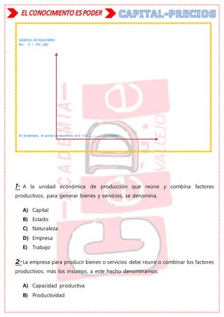 GRAFICA DE EQUILIBRIO
Así: E = (PE; QE)
En el ejemplo, el punto de equilibrio es E = (S/……..; ………unidades)
1. A la unidad económica de producción que reúne y combina factores
productivos, para generar bienes y servicios, se denomina.
A) Capital
B) Estado
C) Naturaleza
D) Empresa
E) Trabajo
2.La empresa para producir bienes o servicios debe reunir o combinar los factores
productivos, más los insumos, a este hecho denominamos:
A) Capacidad productiva
B) Productividad
 