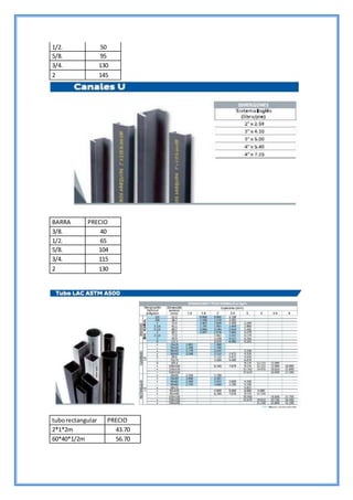1/2. 50
5/8. 95
3/4. 130
2 145
BARRA PRECIO
3/8. 40
1/2. 65
5/8. 104
3/4. 115
2 130
tuborectangular PRECIO
2*1*2m 43.70
60*40*1/2m 56.70
 