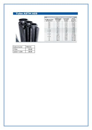 tubocircular PRECIO
1*2m 29.40
1/1/2 * 1.8m 38.90
 