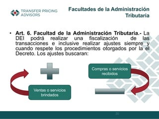 • Art. 6. Facultad de la Administración Tributaria.- La
DEI podrá realizar una fiscalización de las
transacciones e inclusive realizar ajustes siempre y
cuando respete los procedimientos otorgados por la el
Decreto. Los ajustes buscaran:
20
Facultades de la Administración
Tributaria
Ventas o servicios
brindados
Compras o servicios
recibidos
 