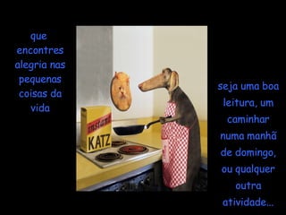 que  encontres alegria nas pequenas coisas da vida seja uma boa leitura, um caminhar numa manhã de domingo, ou qualquer outra atividade... 