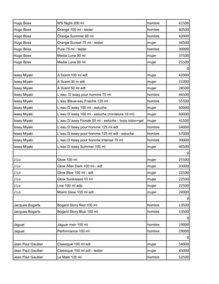 Hugo Boss            Nº6 Night 200 ml                                          hombre   61500
Hugo Boss            Orange 100 ml - tester                                    hombre   40500
Hugo Boss            Orange Summer 90 ml                                       hombre   42000
Hugo Boss            Orange Sunset 75 ml - tester                              mujer    34500
Hugo Boss            Pure 75 ml - tester                                       hombre   30000
Hugo Boss            Media Luna 90 ml                                          mujer    37500
Hugo Boss            Media Luna 50 ml                                          mujer    25500
                                                                                            0
Issey Miyaki         A Scent 100 ml edt                                        mujer    42000
Issey Miyaki         A Scent 30 m edt                                          mujer    21000
Issey Miyaki         A Scent 50 ml edt                                         mujer    28500
Issey Miyaki         L´eau D´issey pour homme 75 ml                            hombre   44500
Issey Miyaki         L´eau Bleue eau Fraiche 125 ml                            hombre   55500
Issey Miyaki         L´eau D´issey 100 ml - estuche                            mujer    60000
Issey Miyaki         L´eau D´issey 100 ml - estuche (miniatura 10 ml)          mujer    60000
Issey Miyaki         L´eau D´issey Florale 50 ml - estuche - body lotion+gel   mujer    41500
Issey Miyaki         L´eau D´Issey pour homme 125 ml edt                       hombre   54000
Issey Miyaki         L´eau D´Issey pour homme 125 ml edt - estuche             hombre   57000
Issey Miyaki         L´eau D´Issey pour homme Intense 75 ml                    hombre   39000
Issey Miyaki         L´eau D´issey Summer 100 ml                               mujer    40500
                                                                                            0
J Lo                 Glow 100 ml                                               mujer    25500
J Lo                 Glow After Dark 100 ml - edt                              mujer    33000
J Lo                 Glow Blue 100 ml - edt                                    mujer    22500
J Lo                 Glow Sunkissed 10 ml                                      mujer    22500
J Lo                 Live 100 ml edp                                           mujer    22500
J Lo                 Miami Glow 100 ml edt                                     mujer    24000
                                                                                            0
Jacques Bogarts      Bogard Story Red 100 ml                                   hombre   13500
Jacques Bogarts      Bogard Story Blue 100 ml                                  hombre   13500
                                                                                            0
Jaguar               Jaguar men 100 ml                                         hombre   19000
Jaguar               Performance 100 ml                                        hombre   19000
                                                                                            0
Jean Paul Gaultier   Classique 100 ml edt                                      mujer    54000
Jean Paul Gaultier   Classique 100 ml edt - tester                             mujer    45000
Jean Paul Gaultier   Le Male 125 ml                                            hombre   52500
 